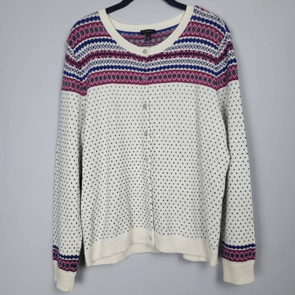 Talbots Womens Birdseye Fair Isle Lambswool Cardigan XL White Layers Heritage